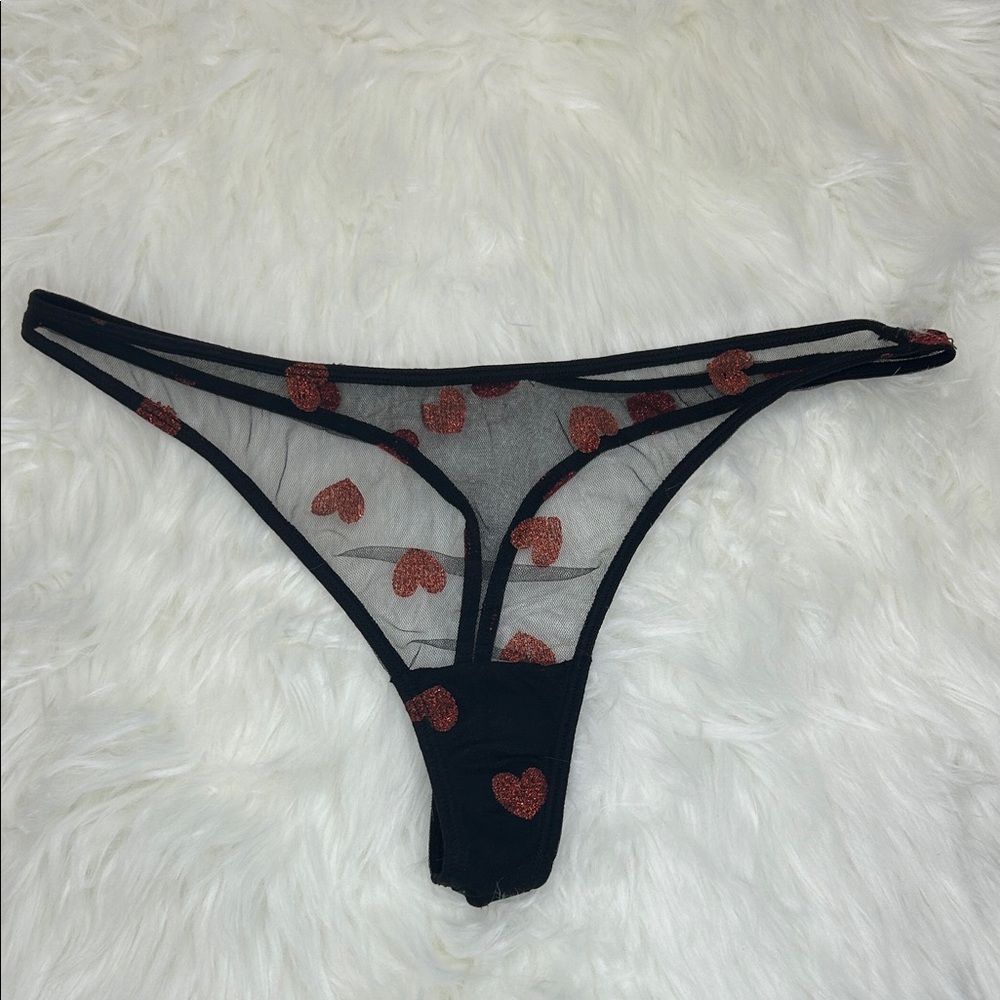 Sheer Heart Print Thong Panty